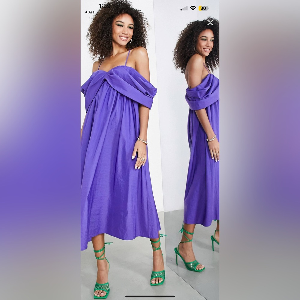 Asos drape off shoulder cami midi dress in purple
